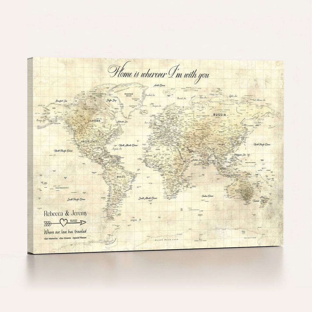 Personalized Beige Modern Push Pin World Map Wall Art, Honeymoon and Anniversary Gift, Bedroom and Study Decor