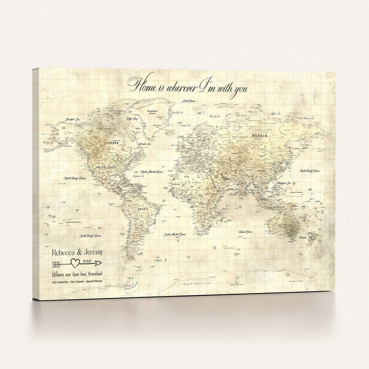 Personalized Beige Modern Push Pin World Map Wall Art, Honeymoon and Anniversary Gift, Bedroom and Study Decor