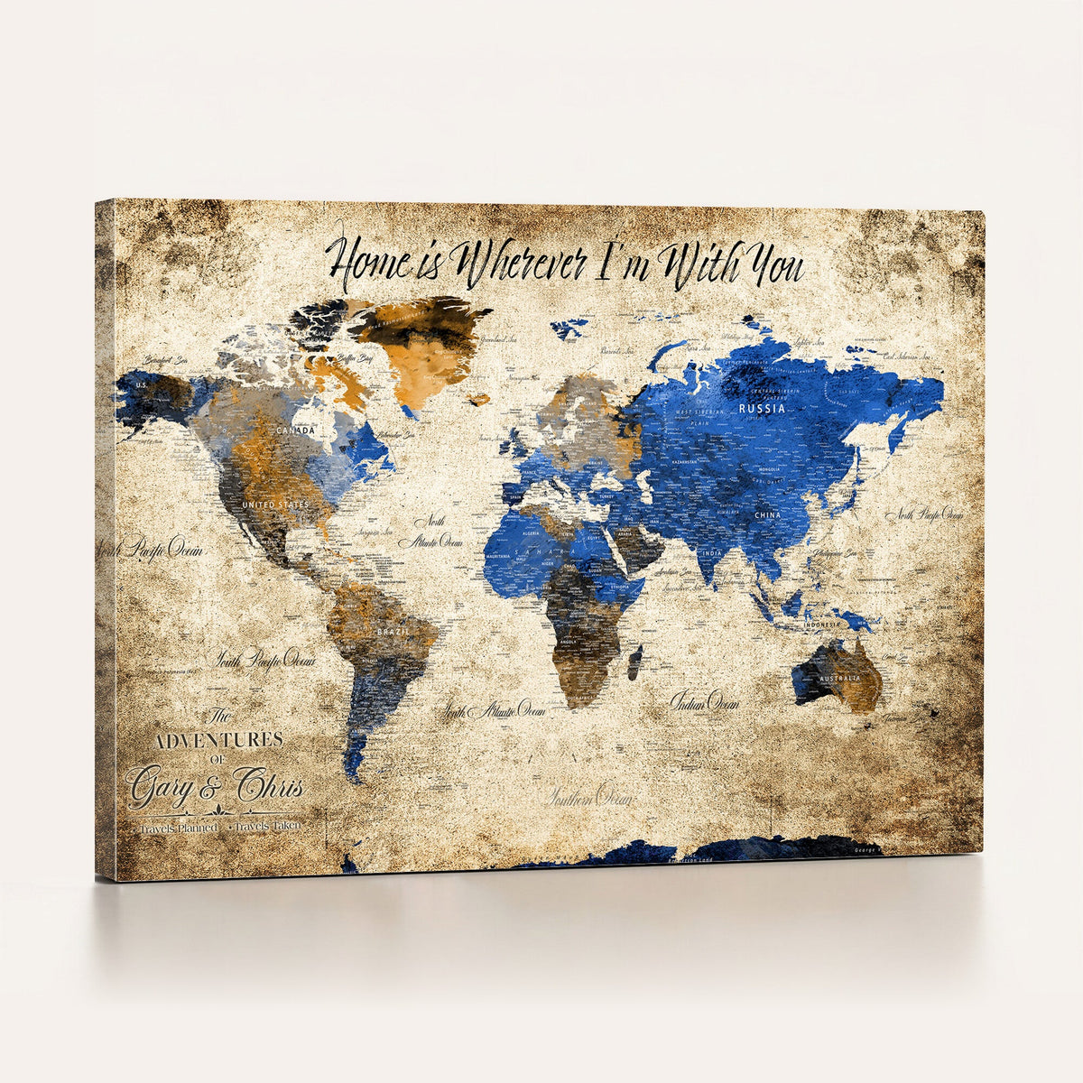 Personalized Framed Beige World Map Canvas with Push Pins, Honeymoon and Anniversary Gift, Living Room and Home Office Decor