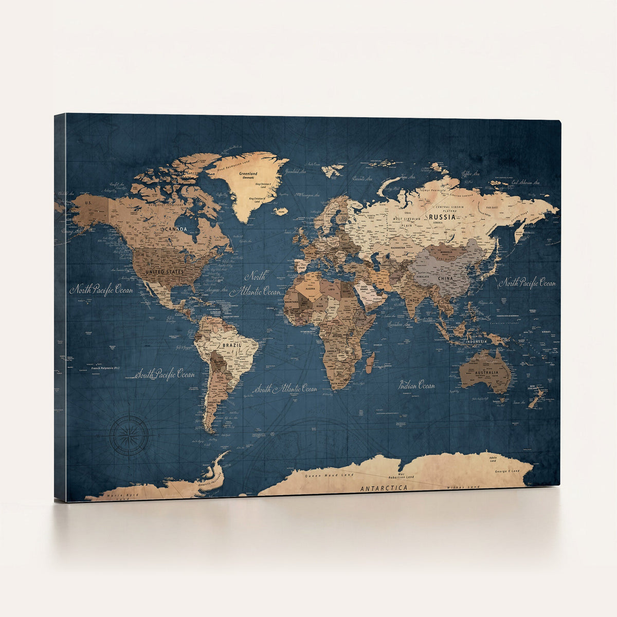 Navy Blue World Map Canvas Print | Framed Travel Map Wall Art