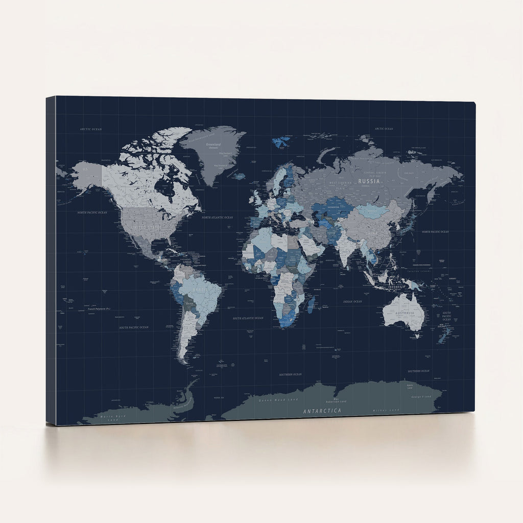 Blue Detailed World Map Wall Art Canvas Print | Modern Framed Map