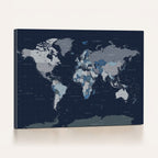 Blue Detailed World Map Wall Art Canvas Print | Modern Framed Map