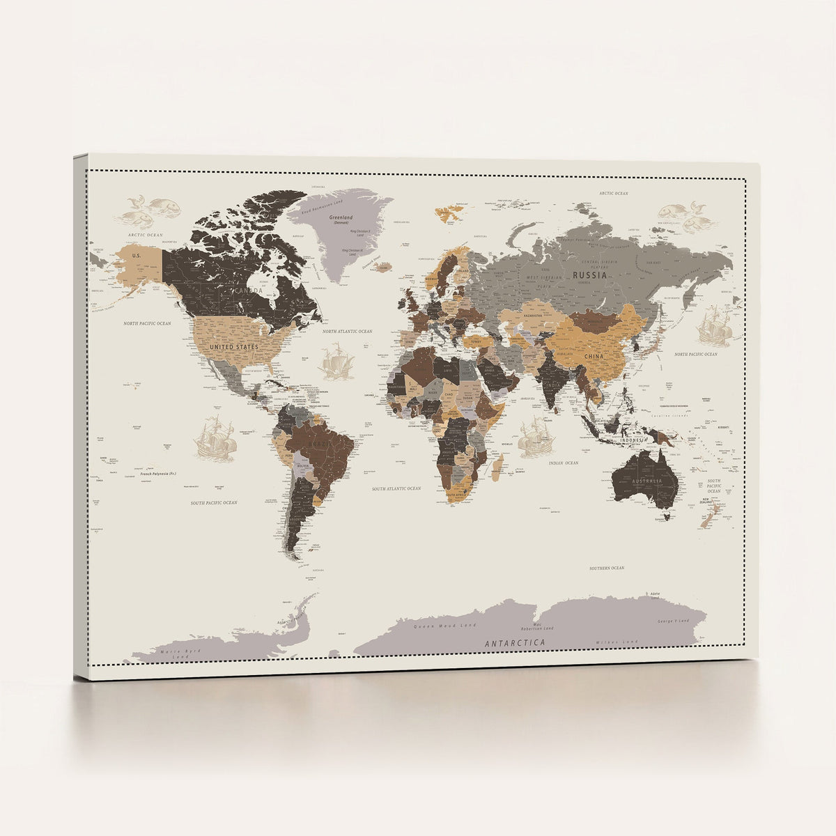 Custom Beige Modern Push Pin World Map Canvas Print, Places Visited Tracker, Bedroom and Study Decor