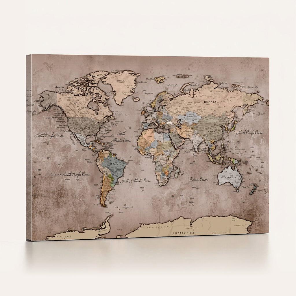 Grunge World Map Canvas Wall Art - Vintage Aged World Map with Golden Tones