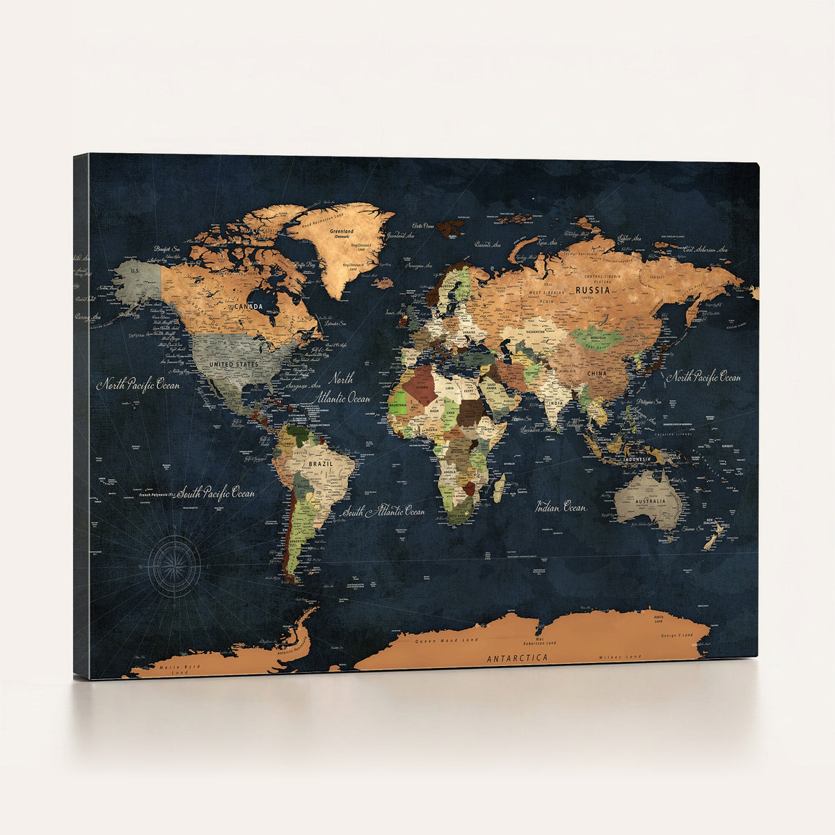 Vintage World Map Canvas Wall Art | Detailed Map with Countries, Oceans and Continents