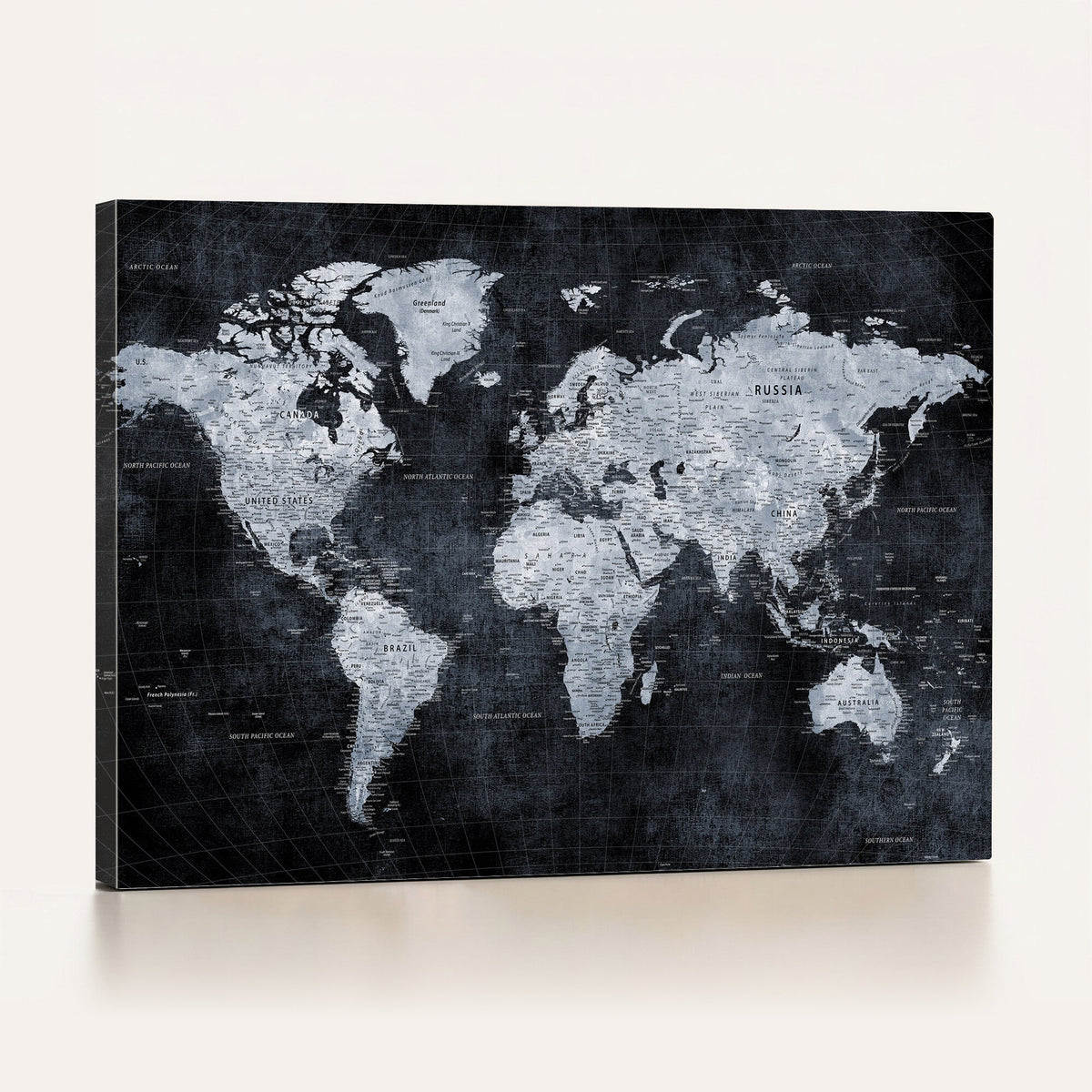 Black World Map Canvas Print | Detailed Map for Couples and Anniversary Gift
