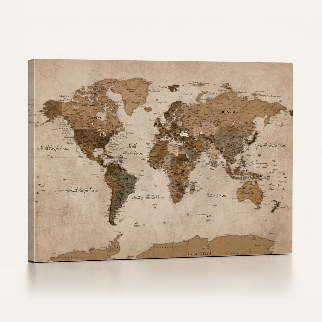 World Map Canvas Wall Art Print, Detailed Global Map Artwork
