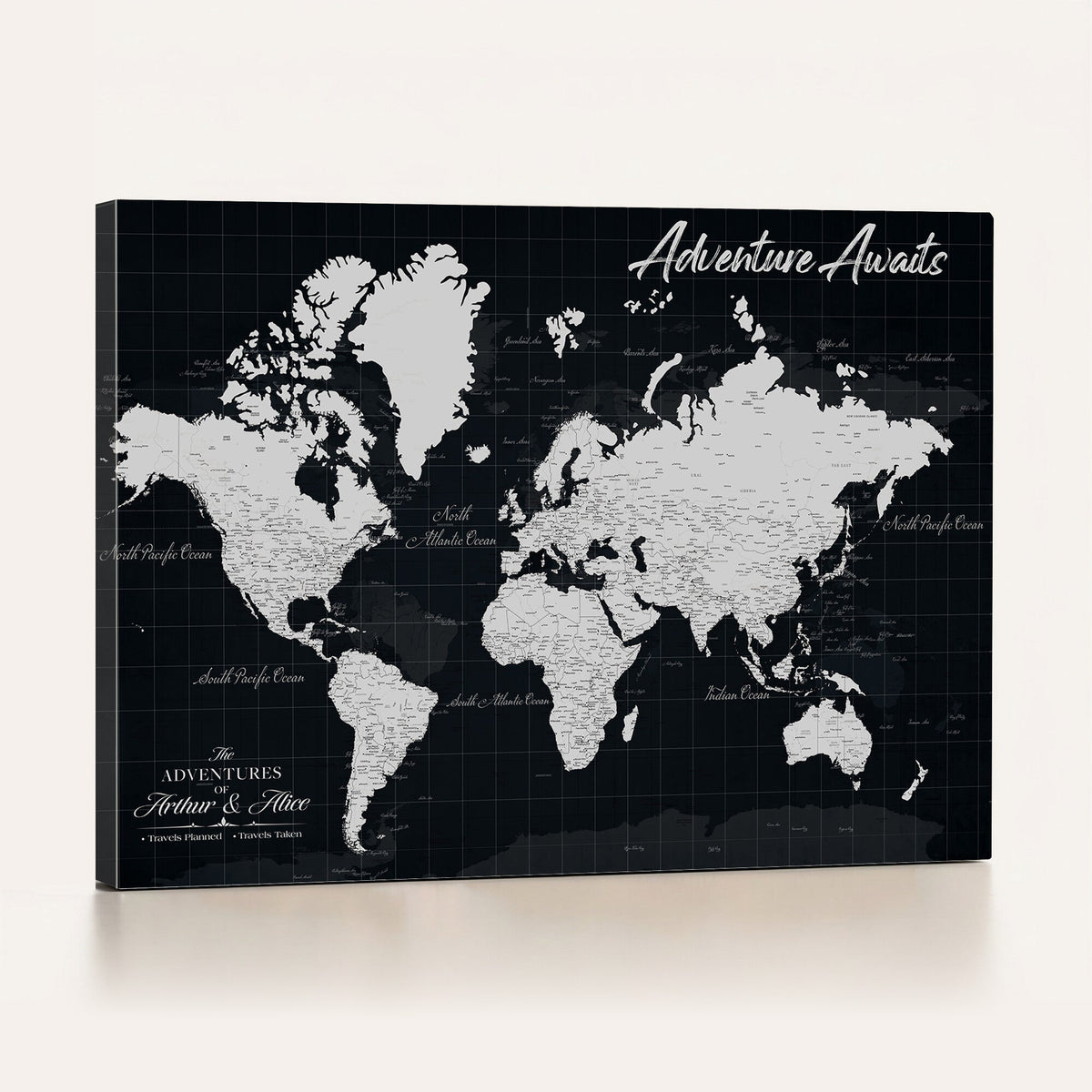 Personalized Black Push Pin Travel Map Canvas Print, Couples Countries Visited Map, Entryway and Hallway Decor