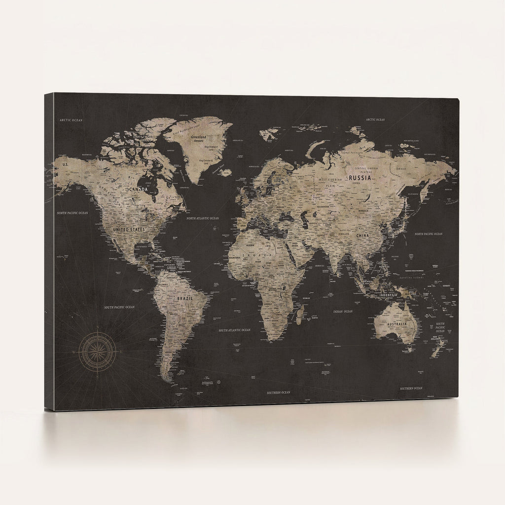 World Map Canvas Wall Art, Dark Charcoal and Antique Tan Detailed Map