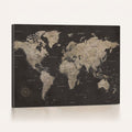 World Map Canvas Wall Art, Dark Charcoal and Antique Tan Detailed Map