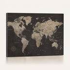 World Map Canvas Wall Art, Dark Charcoal and Antique Tan Detailed Map
