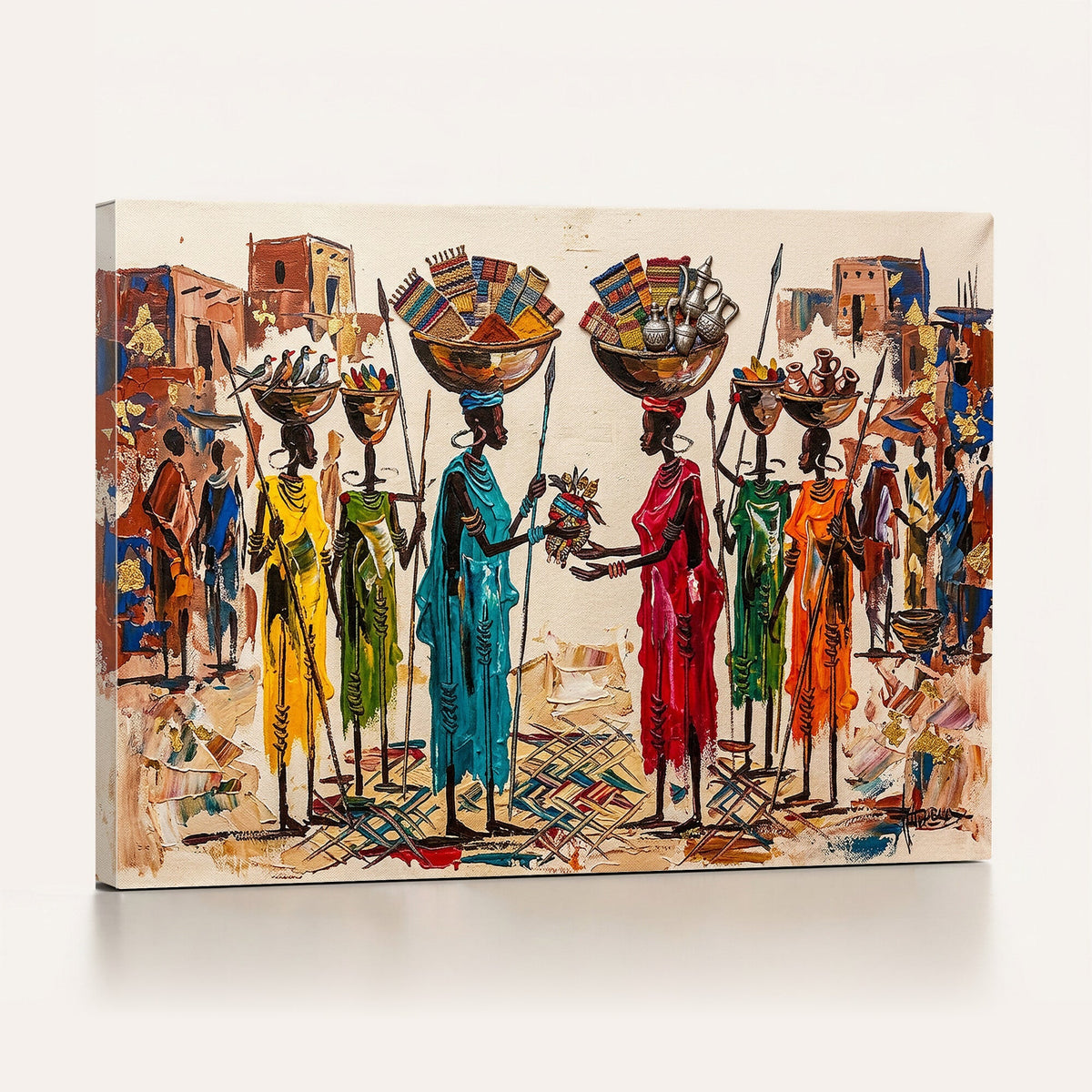 African Folk Art Canvas Wall Art, Colorful African Women Village Painting Print