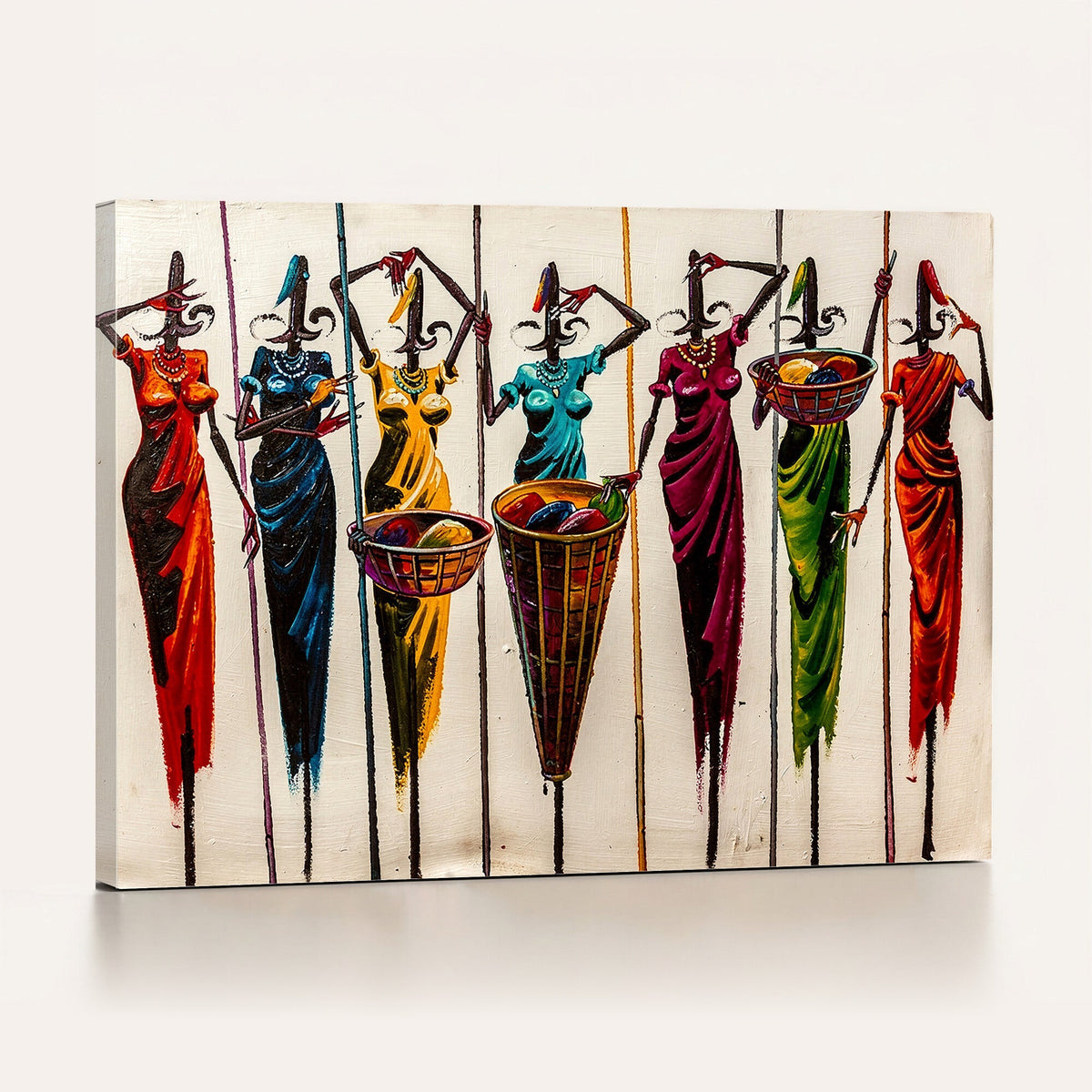 African Folk Art Canvas Wall Art, Colorful African Women Village Painting Print