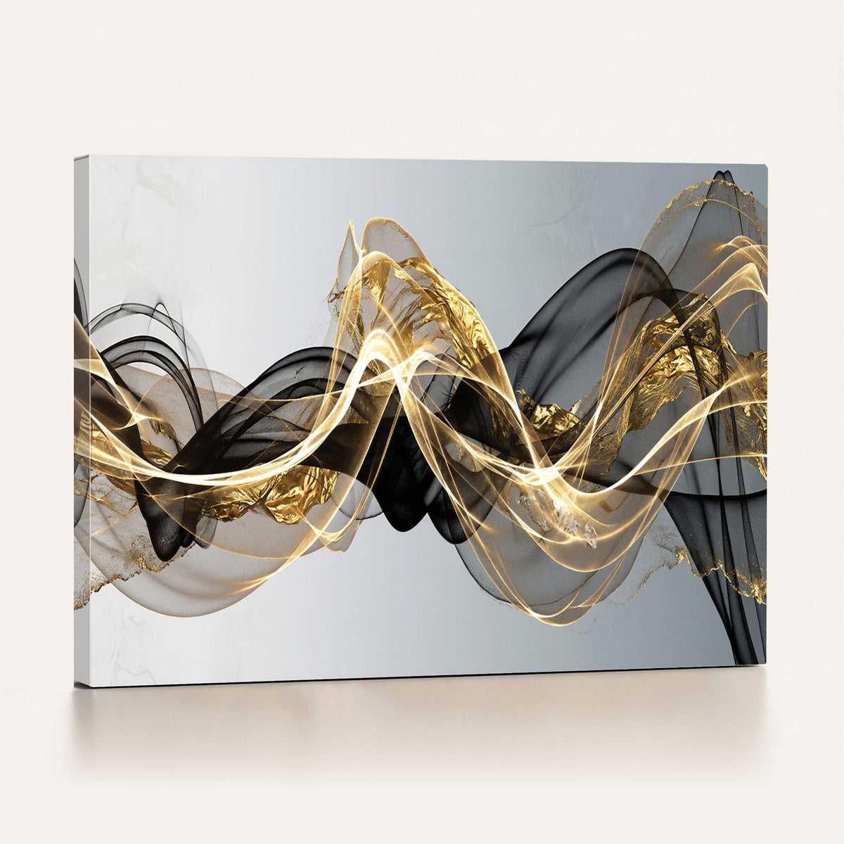 Black and Gold Abstract Wall Art, Modern Wave Canvas Print, Elegant Flowing Smoke Art