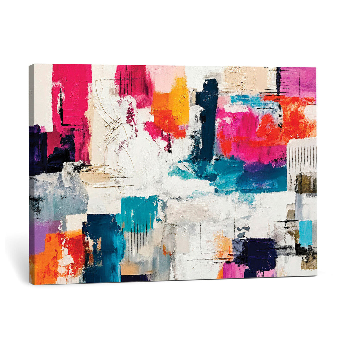 Blue Teal Abstract Canvas Wall Art, Modern Brushstroke Style Print, Navy Orange Contemporary Decor
