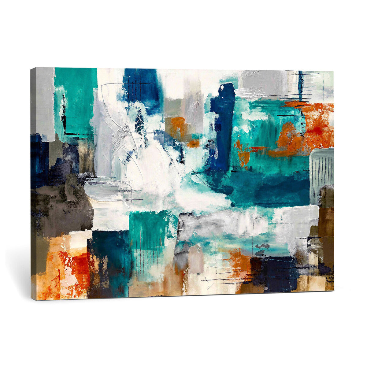 Blue Teal Abstract Canvas Wall Art, Modern Brushstroke Style Print, Navy Orange Contemporary Decor