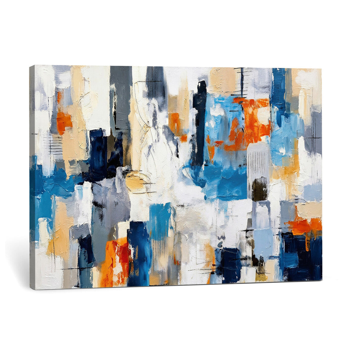 Blue Teal Abstract Canvas Wall Art, Modern Brushstroke Style Painting Print, Navy Orange Contemporary Decor
