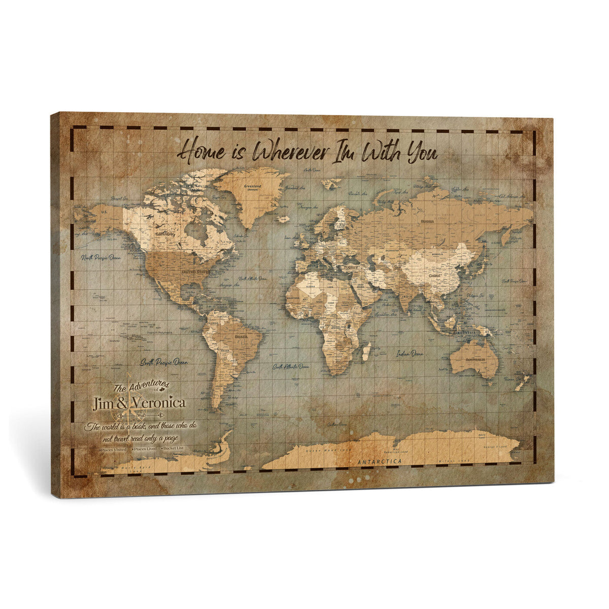 Personalized Vintage Push Pin World Map Wall Art, Bucket List Map, Living Room and Study Decor