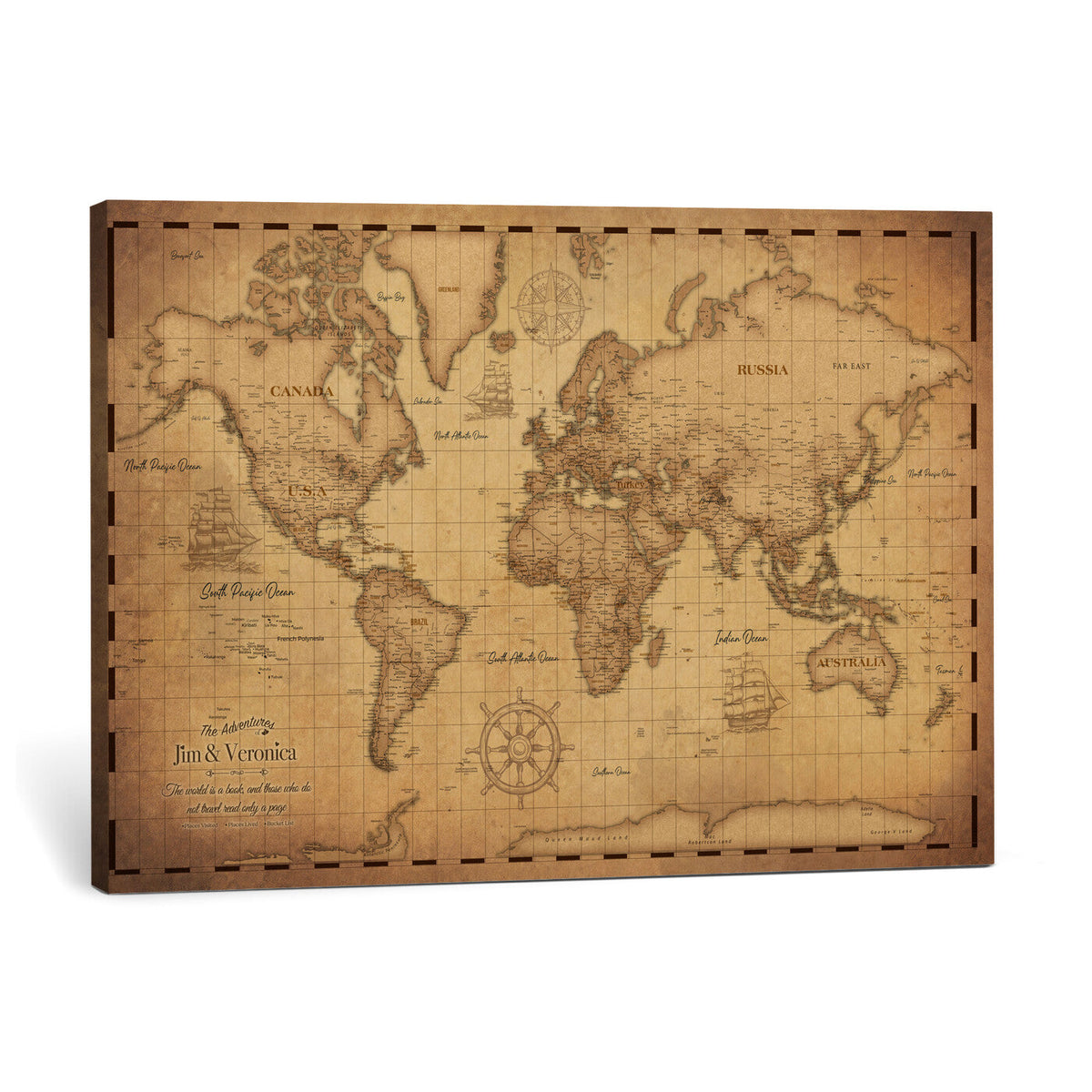 Personalized Vintage World Map Canvas with Push Pins, Next Trip Planner Map, Living Room and Family Room Decor