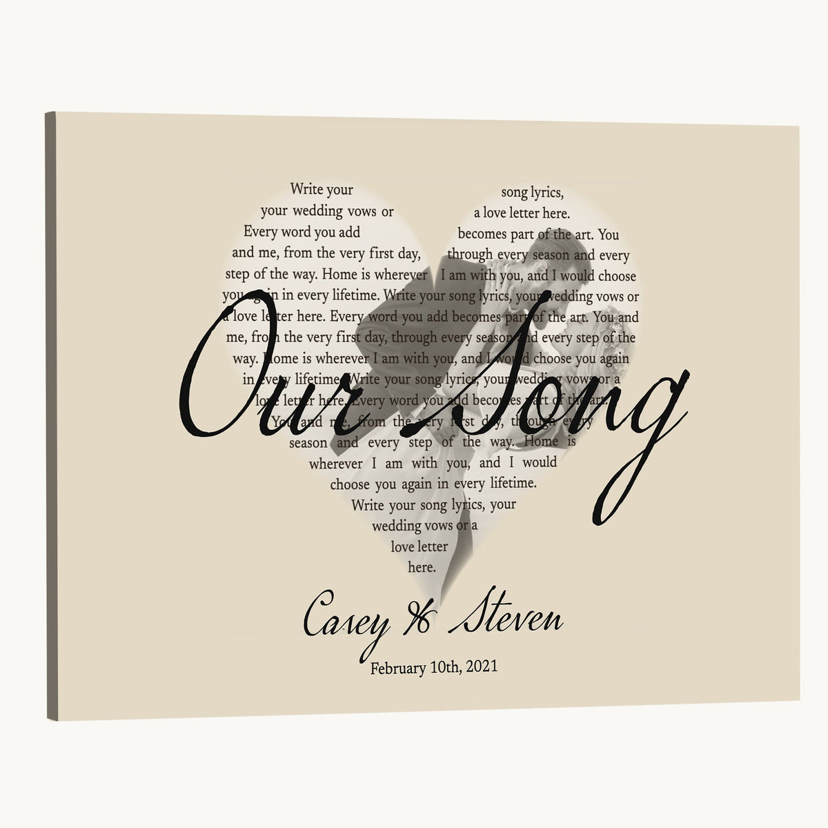 Lyrics Heart Canvas Print, Personalized Song Lyrics and Photo Wall Art