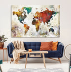 Watercolor World Map Canvas Print | Framed Travel Map Wall Art for Couples
