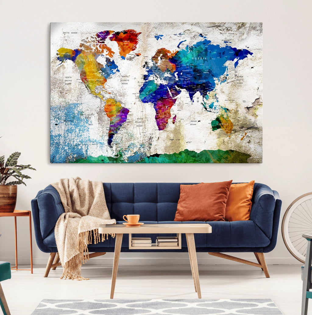 Navy Blue and Orange Watercolor World Map Canvas Print | Framed Travel Map