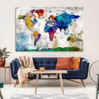 Navy Blue and Orange Watercolor World Map Canvas Print | Framed Travel Map