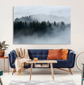 Autumn and Misty Trees in the Forest Wall Art Canvas Print, Foggy Forest Mountain Wall Art