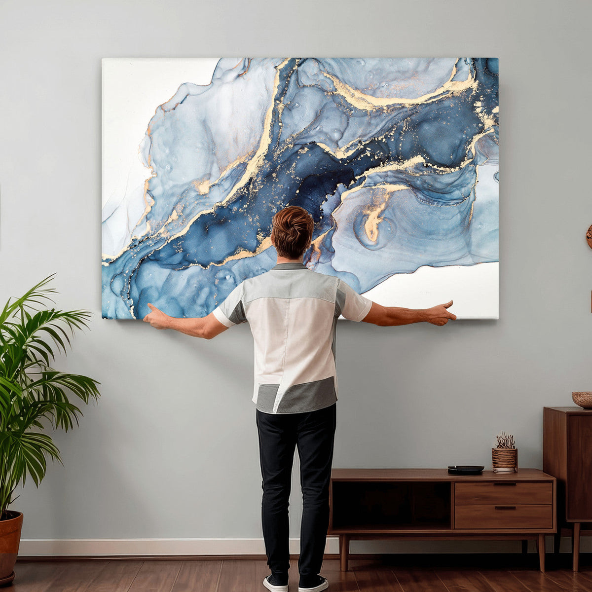 Blue Abstract Canvas Wall Art Print | Fluid Marble Effect Abstract Art