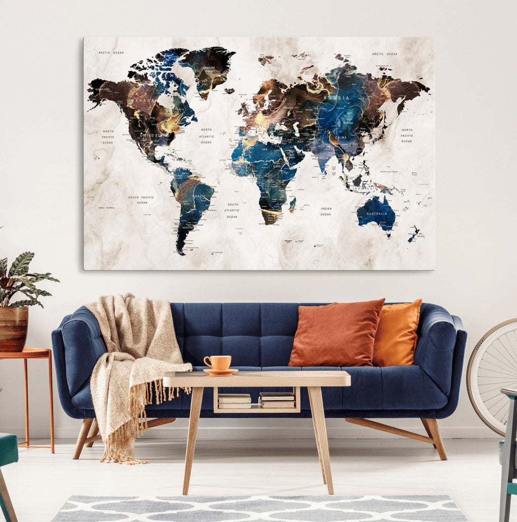 Abstract Earth Tone Blue World Map Canvas Print | Framed Travel Map Wall Art