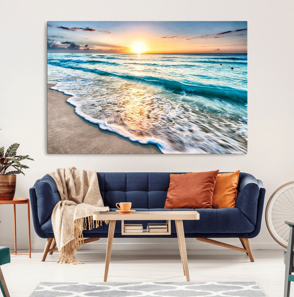 Sunset Beach Waves Canvas Wall Art | Ocean Sunset Coastal Print