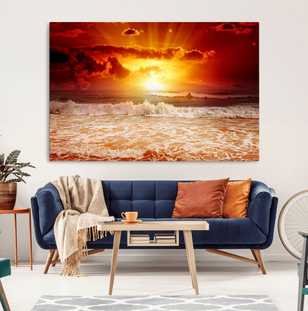Red Sunset Ocean Beach Canvas Wall Art, Coastal Sunset Print