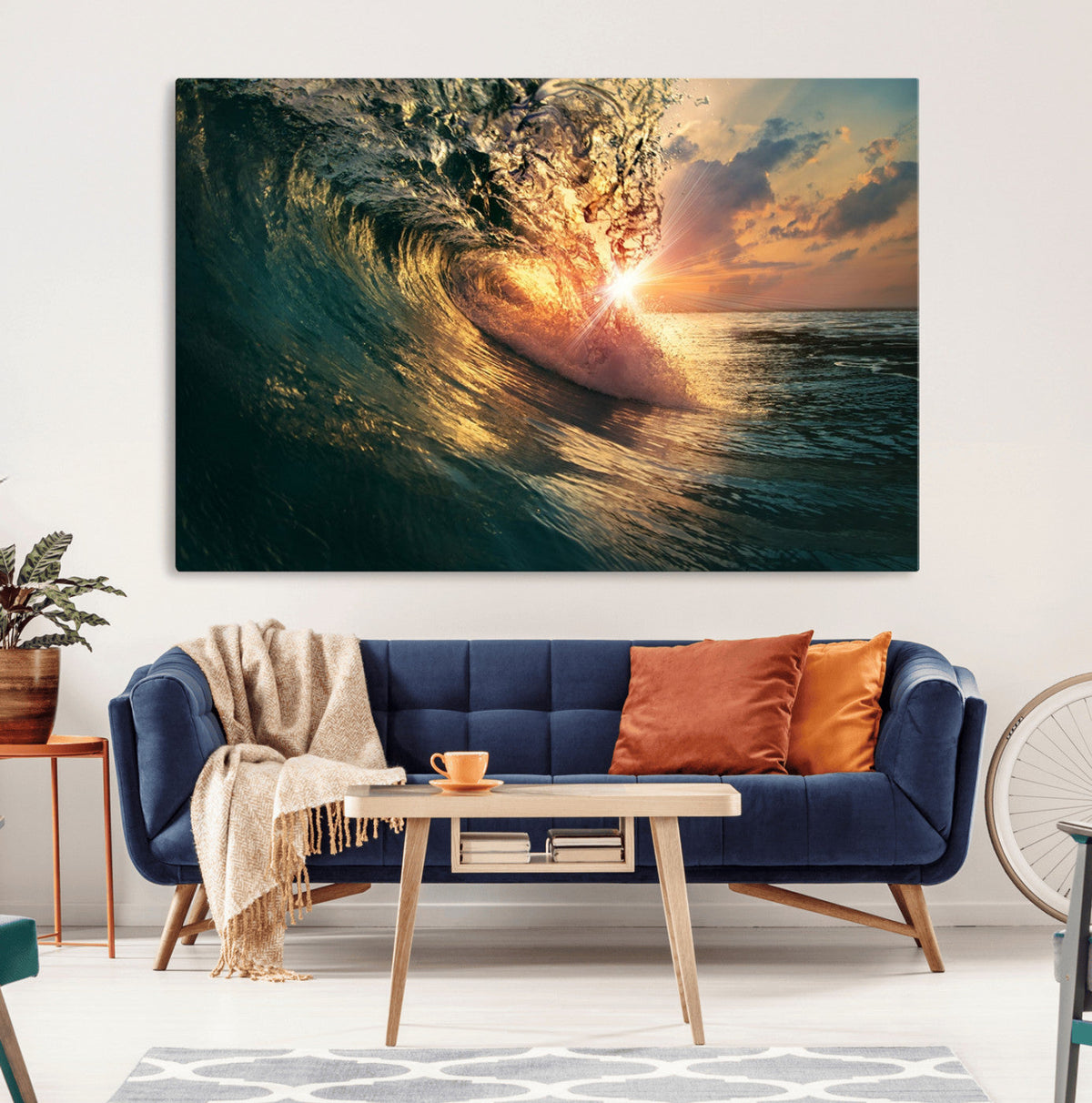 Ocean Wave Sunset Canvas Wall Art | Triptych Seascape Print