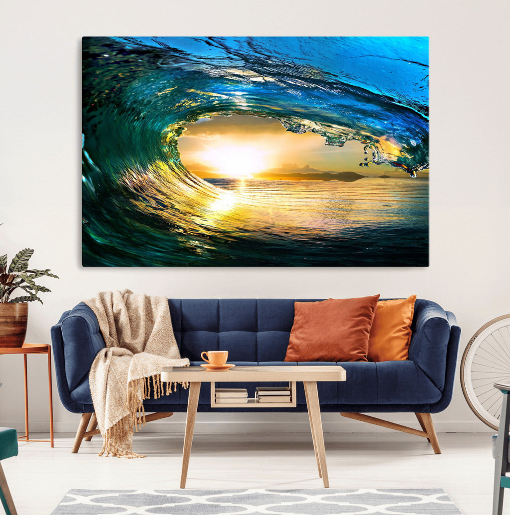 Ocean Wave at Sunset Canvas Art, Large Wall Print of Vibrant Surfing Wave