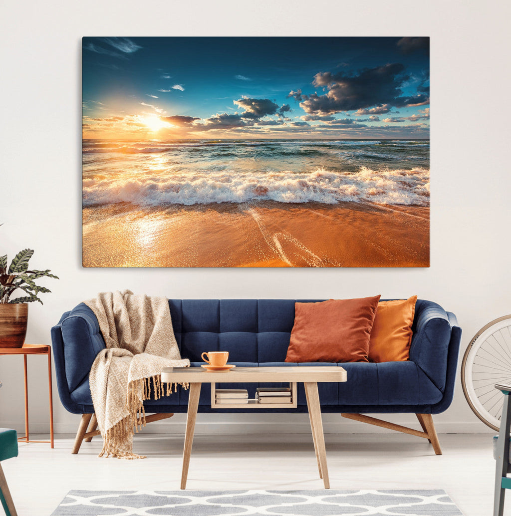 Golden Sunset Beach Triptych Canvas Art, Giclee Coastal Wall Decor, Ocean Waves Print