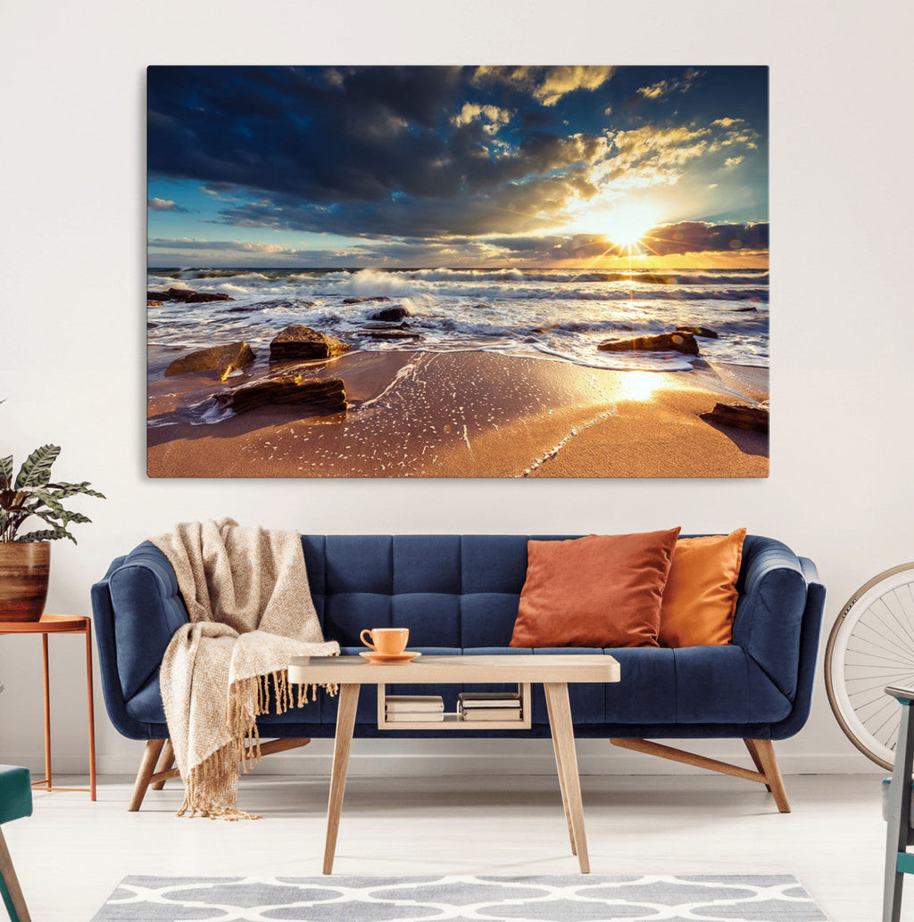 Golden Hour Beach Sunset Canvas Triptych, Ocean Waves and Rocks Wall Art
