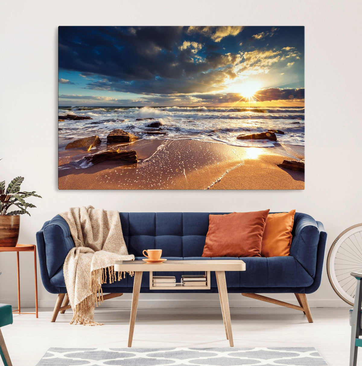 Golden Hour Beach Sunset Canvas Triptych, Ocean Waves and Rocks Wall Art