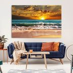 Golden Sunset Beach Canvas Wall Art | Triptych Seascape Print, Framed and Ready to Hang