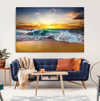 Golden Sunset Ocean Waves Wall Art Canvas Print | Multi Panel Beach Canvas Set, Coastal Triptych