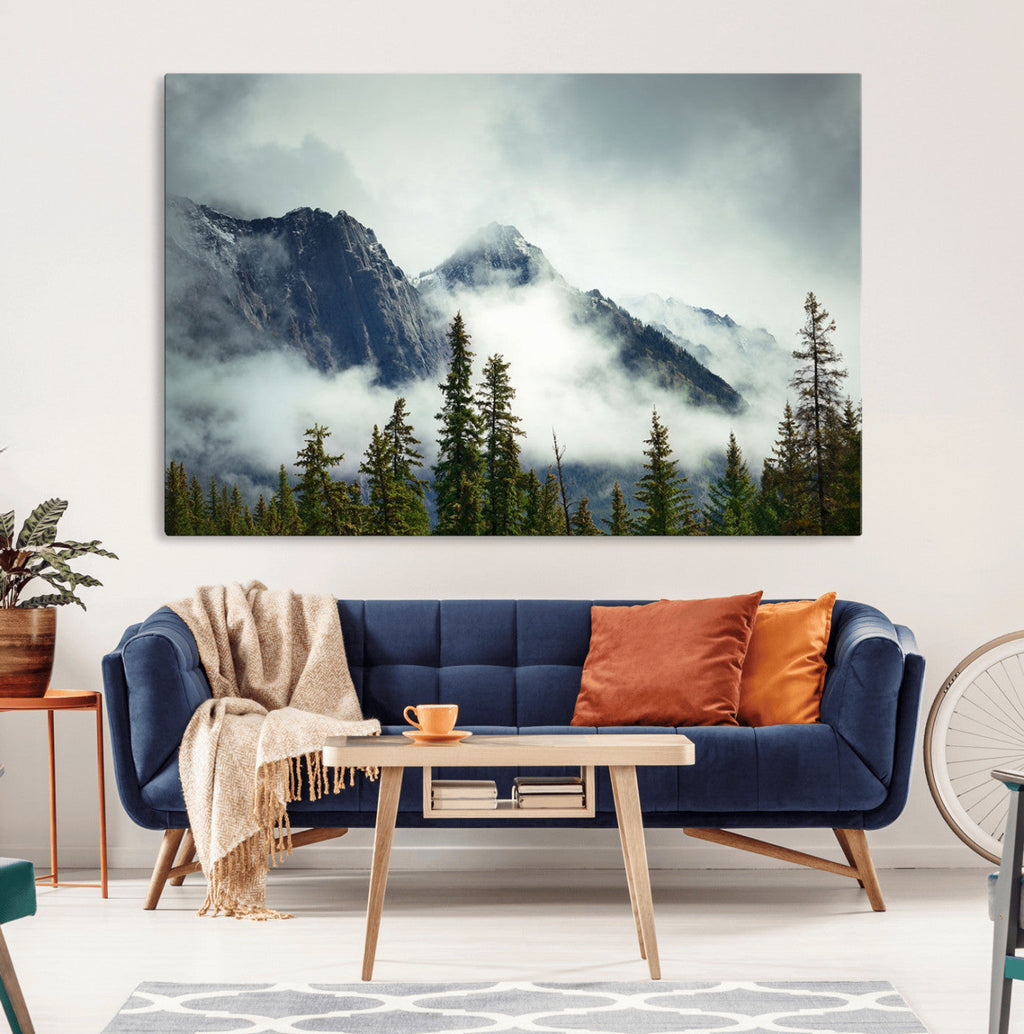 Mountain Mist Canvas Wall Art Print | 3-Panel Foggy Forest and Mountain Landscape