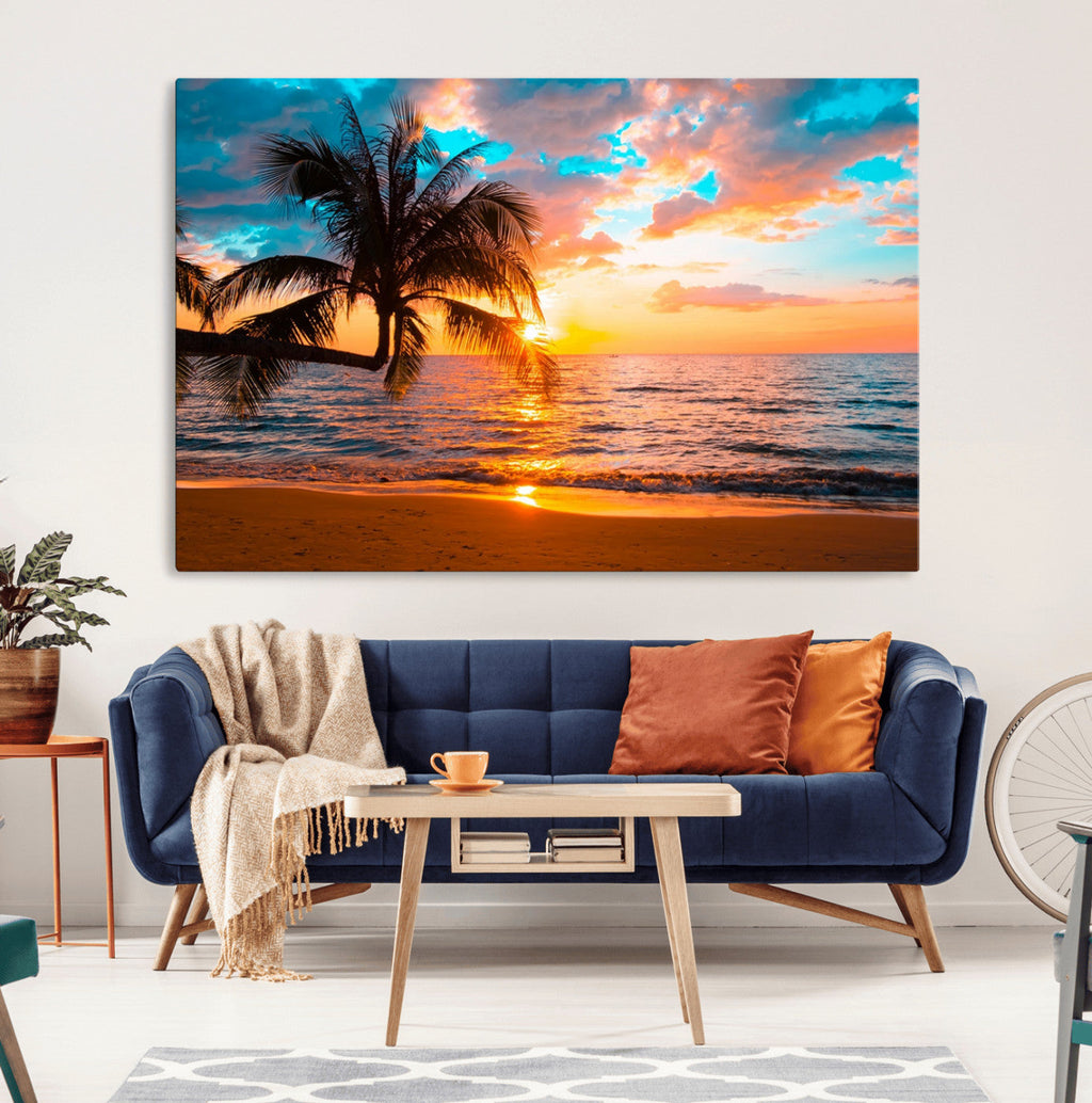 Palm Tree Sunset On The Beach Wall Art Canvas, Framed Palm Tree Sunset Canvas Print