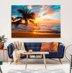 Palm Tree Sunset On The Beach Wall Art Canvas, Framed Palm Tree Sunset Canvas Print