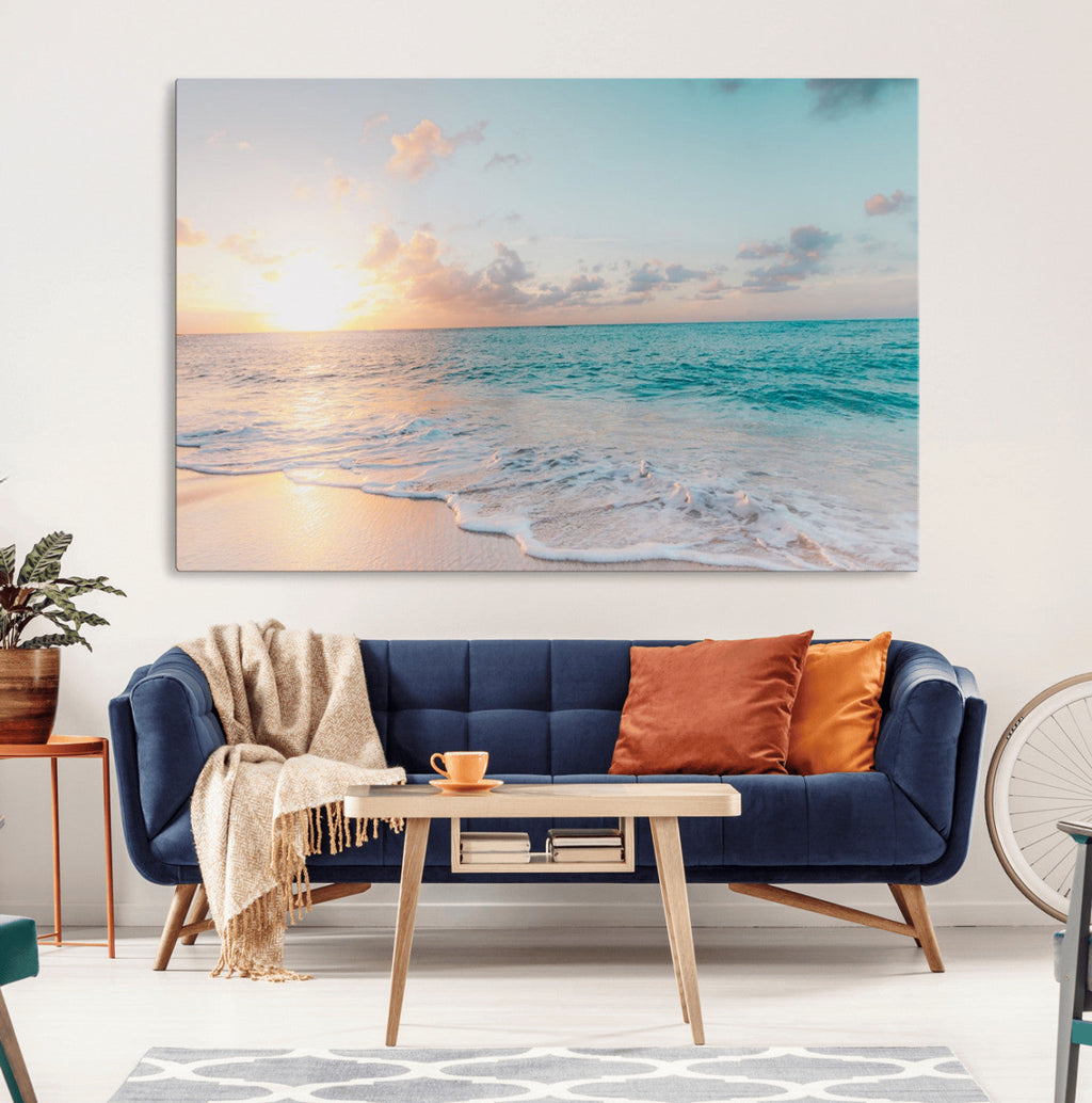 Tranquil Ocean Beach Sunset Canvas Wall Art | 3-Panel Coastal Decor