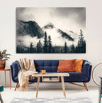 Forest Mountain Print | Black and White Canvas Wall Art with Misty Forest Design