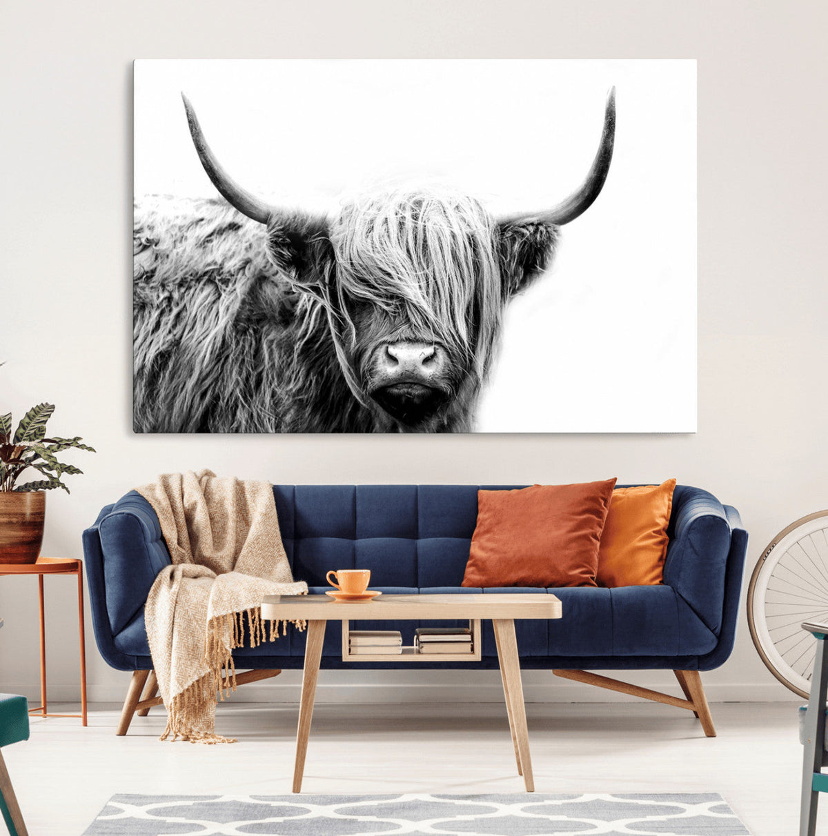 Black White Scottish Highland Cow Cattle Art Print Farmhouse Decor