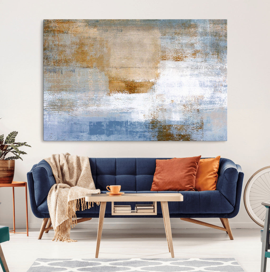Blue Multi Panel Abstract Wall Art Canvas, Abstract Blue and Gold Canvas Print
