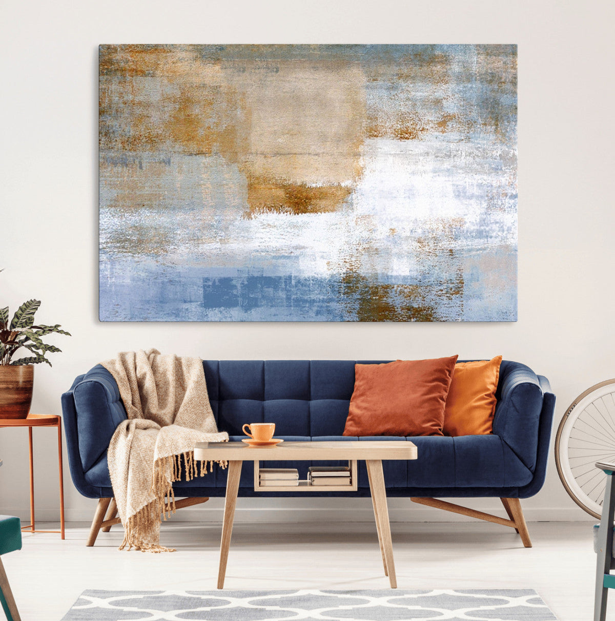 Blue Multi Panel Abstract Wall Art Canvas, Abstract Blue and Gold Canvas Print
