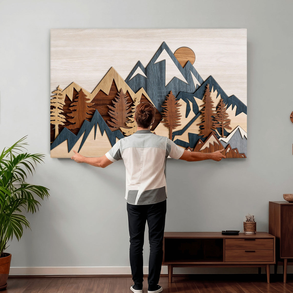Rustic Abstract Wood Panel Effect Canvas | Mountain Range Top Wood Wall Art Canvas Print