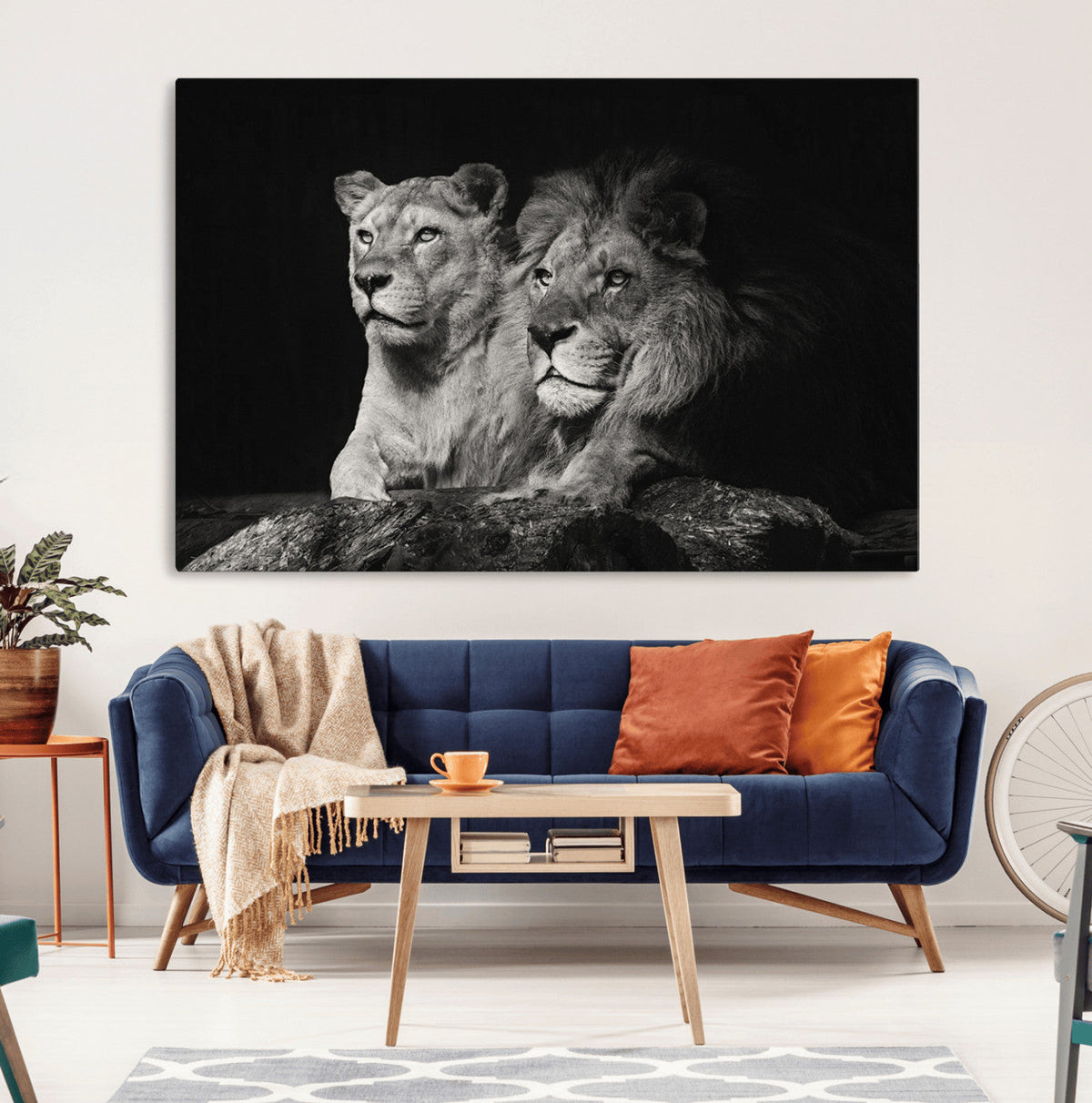 Lion Couple Wall Art Canvas Print, Elegant Black and White Wildlife Portrait