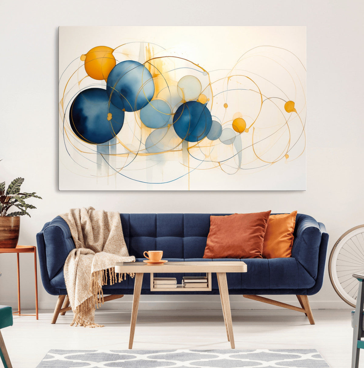 Geometric Blue Orange Abstract Wall Art Canvas, Geometric Blue Orange Canvas Print